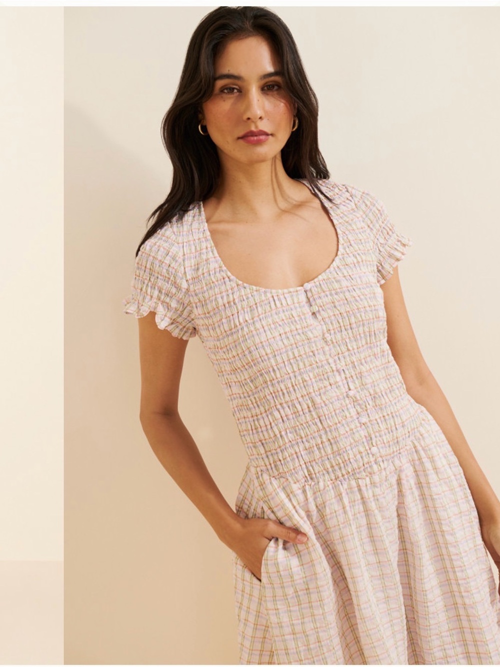 Anthropologie Smocked Pink Plaid Scoop-Neck Midi Dress size Medium